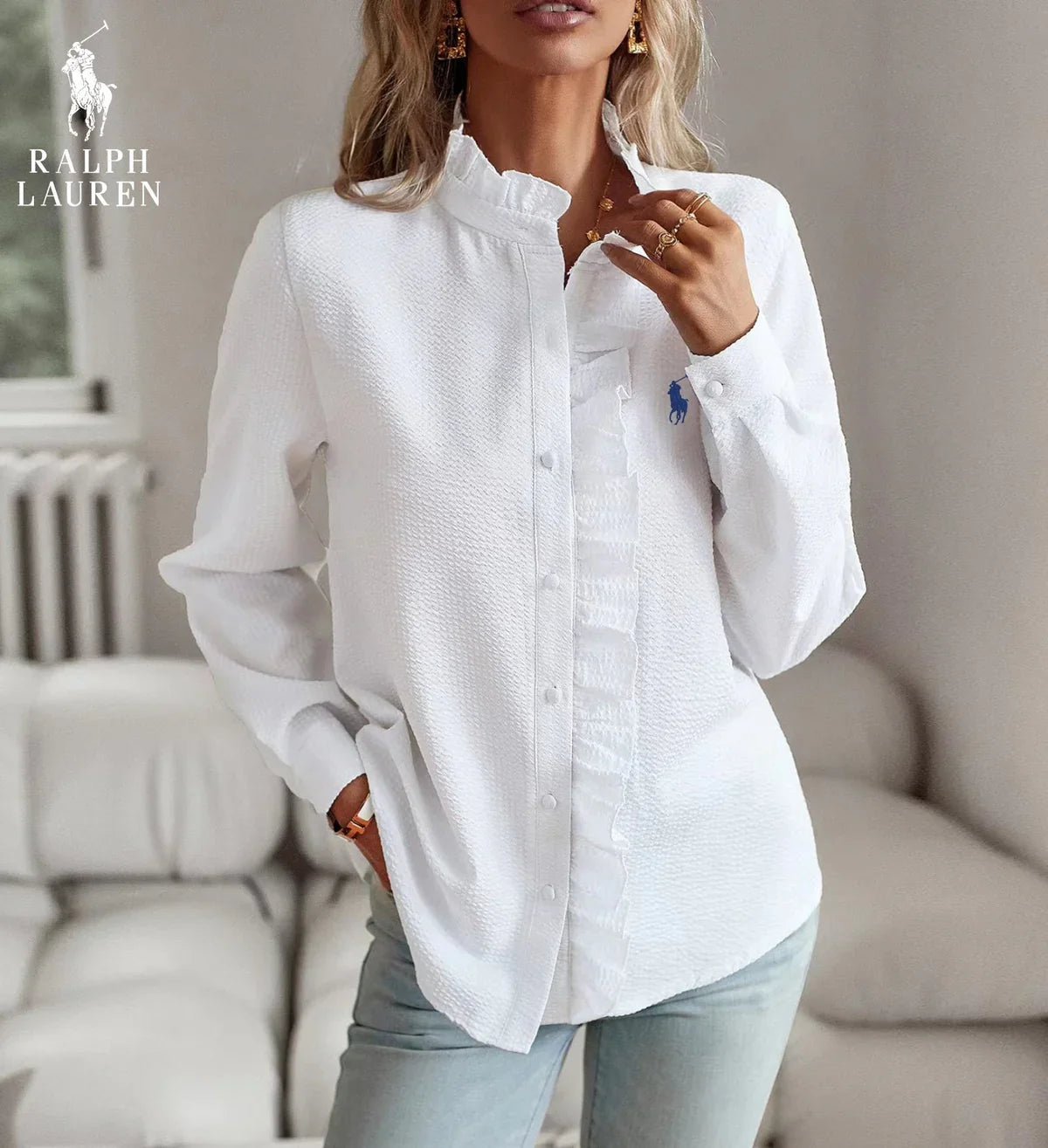 R. Ꮮаᴜгеn Ruffled Button-Up Shirt – Mjuk Texturerad Passform