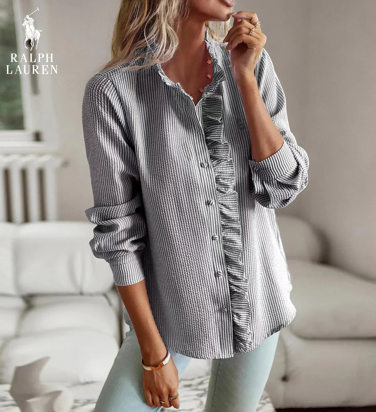R. Ꮮаᴜгеn Ruffled Button-Up Shirt – Mjuk Texturerad Passform