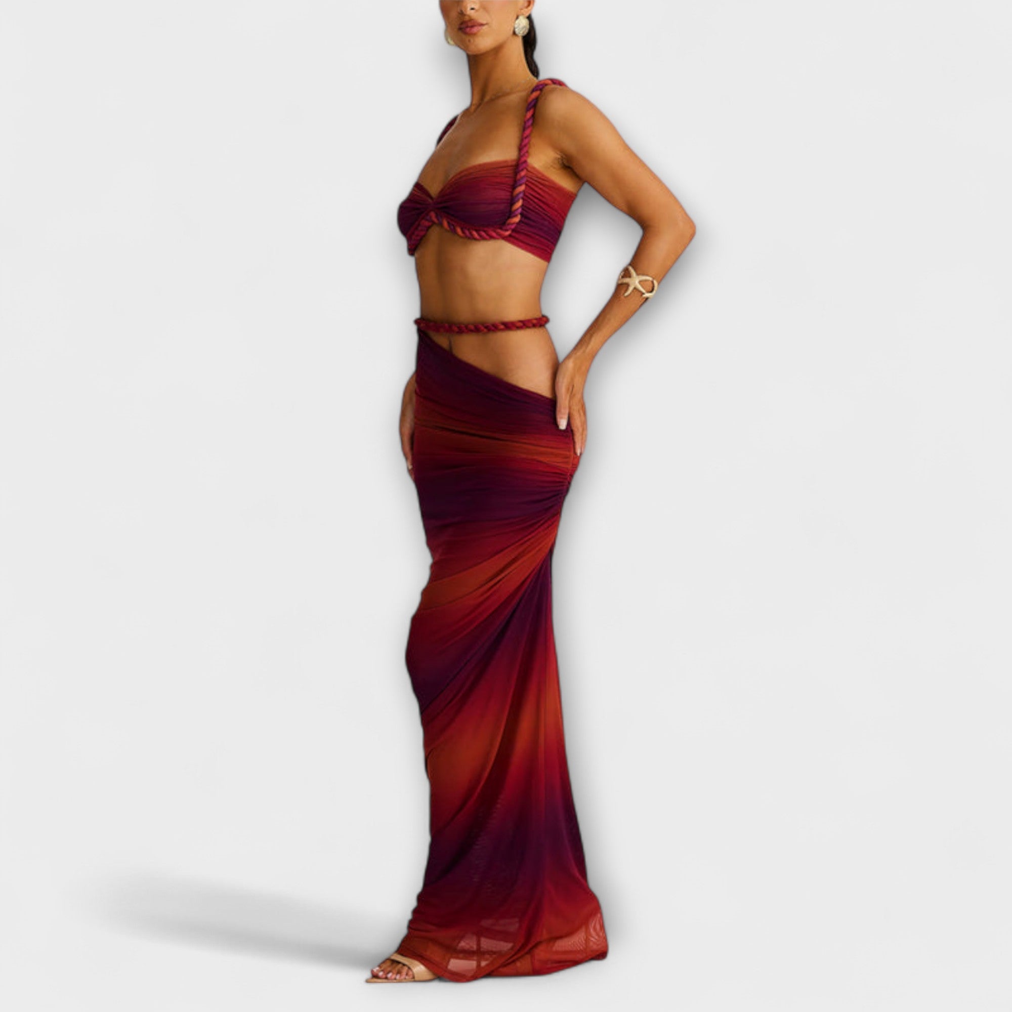 Jane - Stilig Gradient Fläta Crop Top & Overskirt Duo