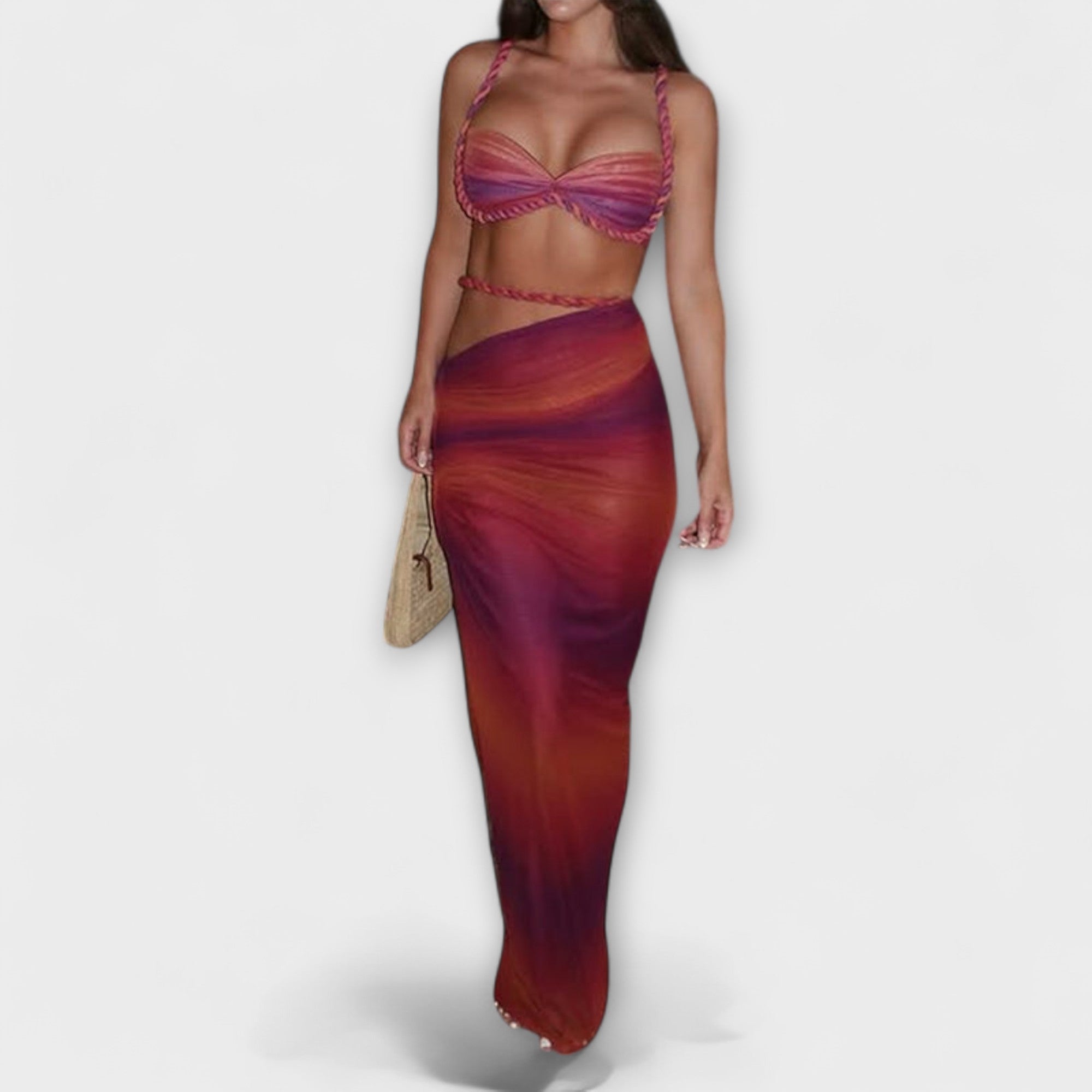 Jane - Stilig Gradient Fläta Crop Top & Overskirt Duo