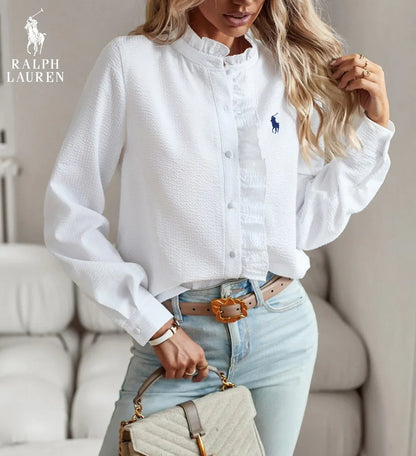 R. Ꮮаᴜгеn Ruffled Button-Up Shirt – Mjuk Texturerad Passform
