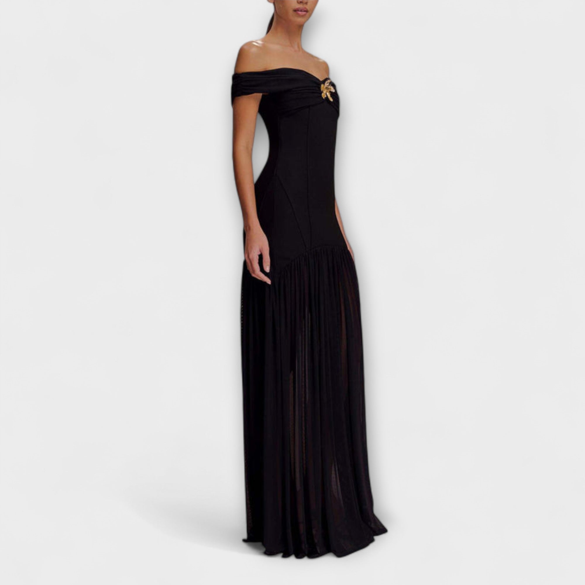 Maelie - Stilig Off-Shoulder Bodycon Maxi Klänning med Blomsterdekorationer