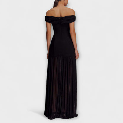 Maelie - Stilig Off-Shoulder Bodycon Maxi Klänning med Blomsterdekorationer