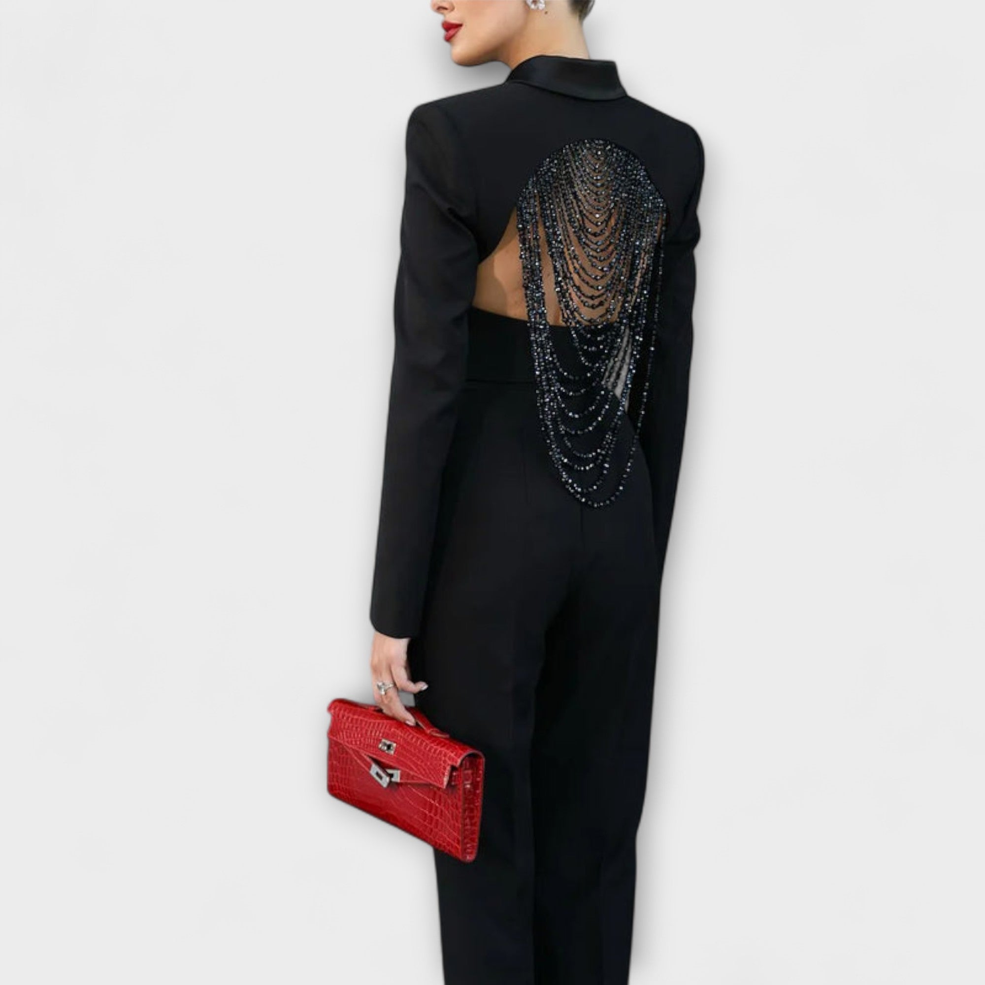 Noa - Svart pärlprydd rygglös kort blazer set
