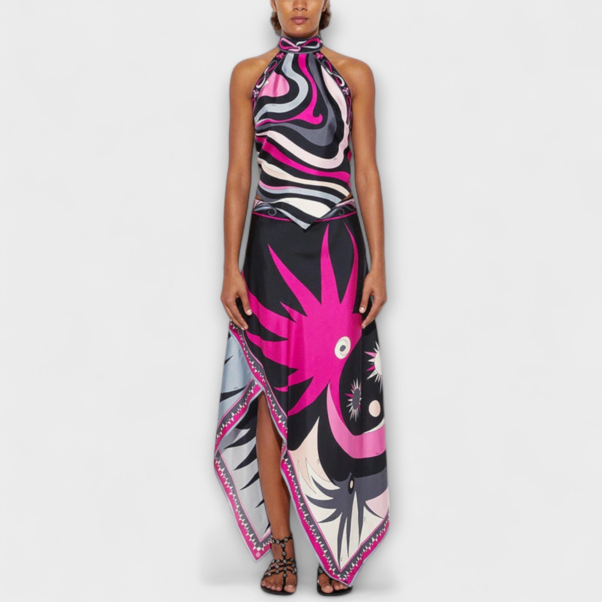 Everly - Set med Halterneck Top och Asymmetrisk Midi Kjol