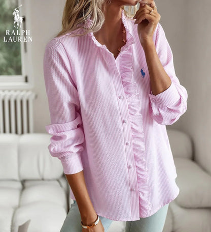 R. Ꮮаᴜгеn Ruffled Button-Up Shirt – Mjuk Texturerad Passform