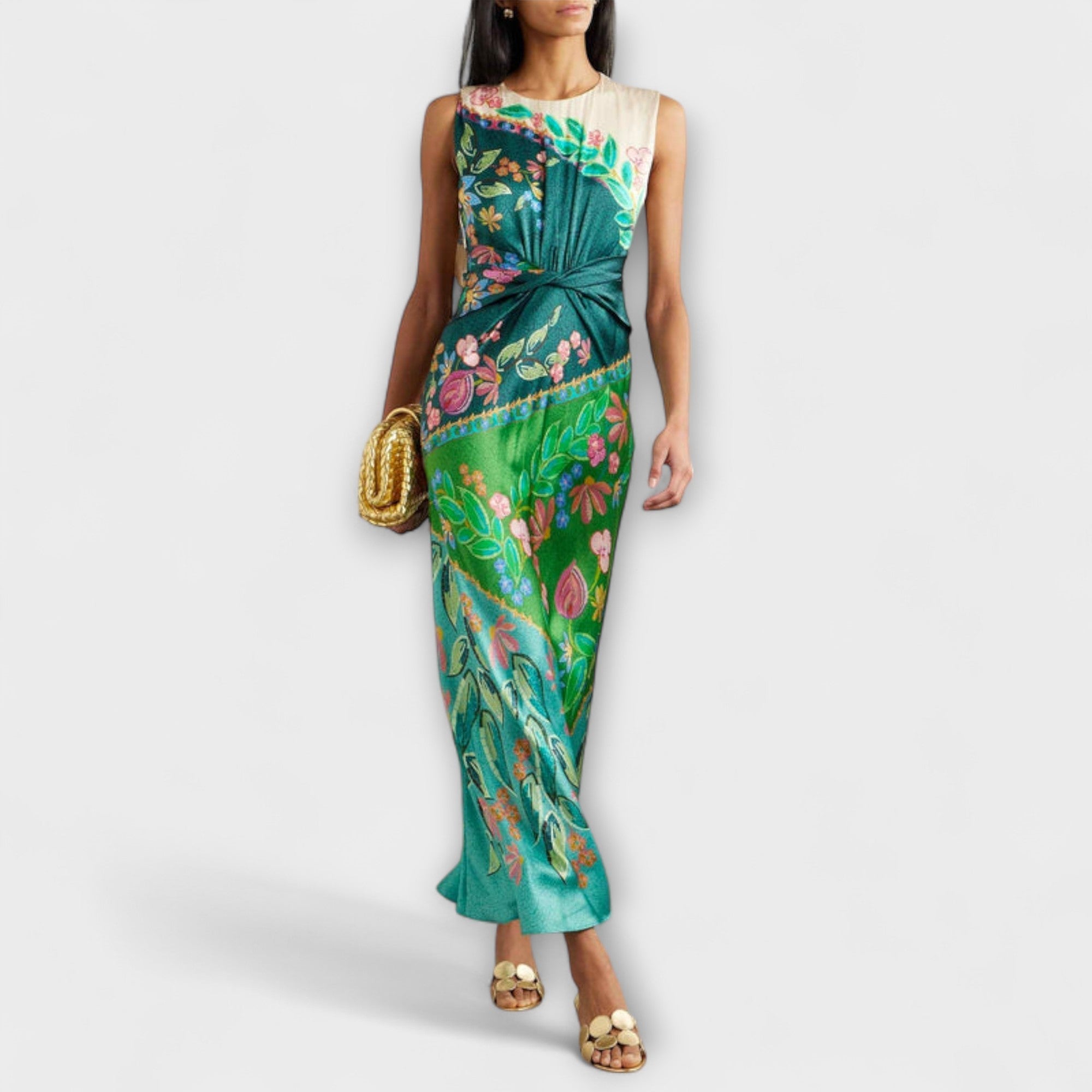 Aisling - Elegant Tvistad Draperad Blommig Maxiklänning