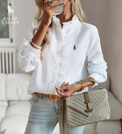 R. Ꮮаᴜгеn Ruffled Button-Up Shirt – Mjuk Texturerad Passform