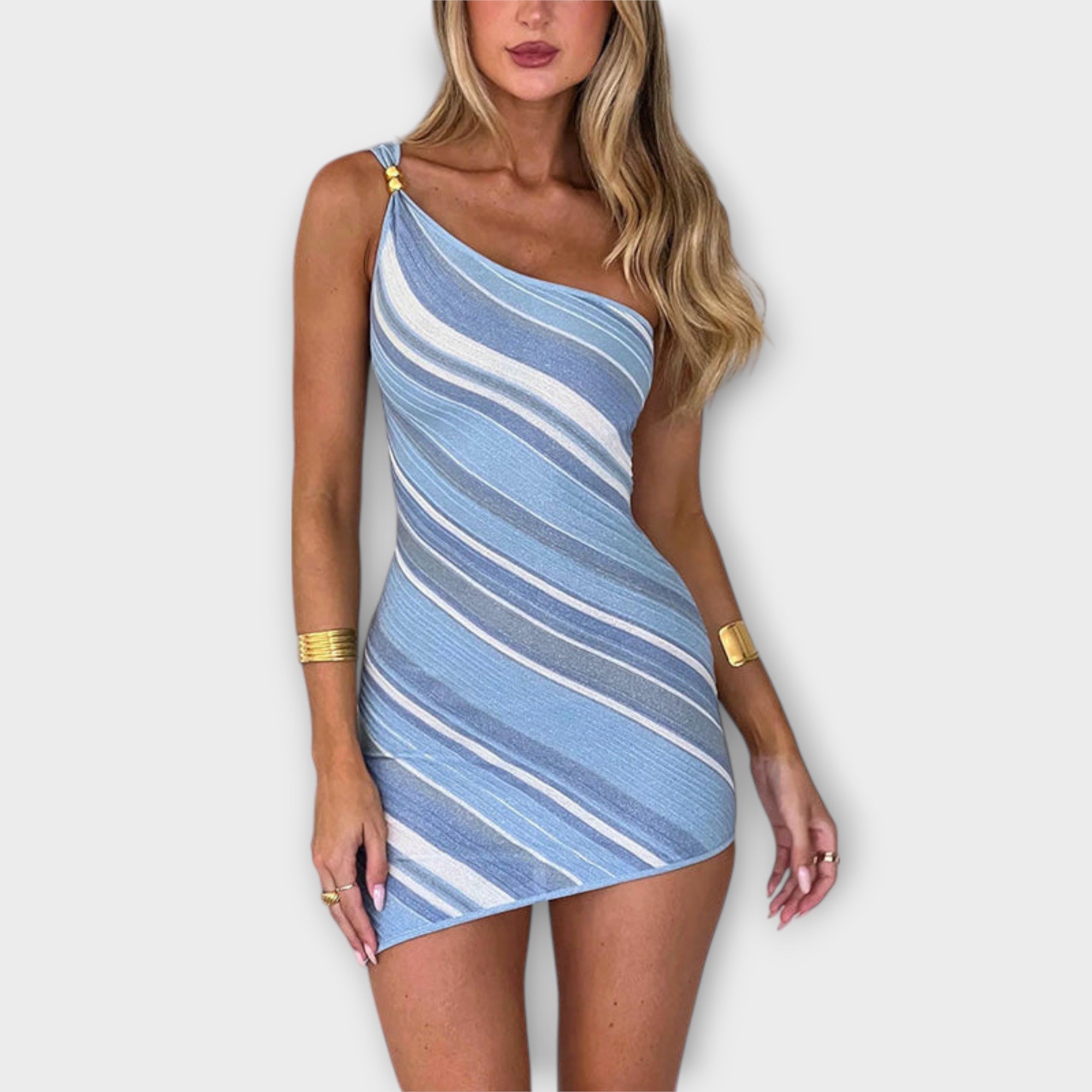 Kira - Trendy En-axlad Stickad Miniklänning