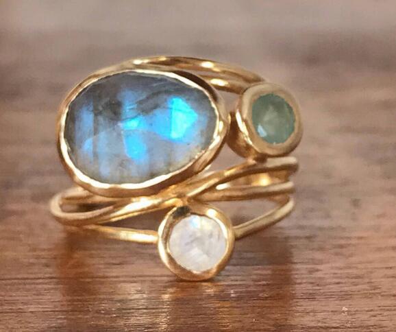 Vintage Inlagd Blå Månsten Ring