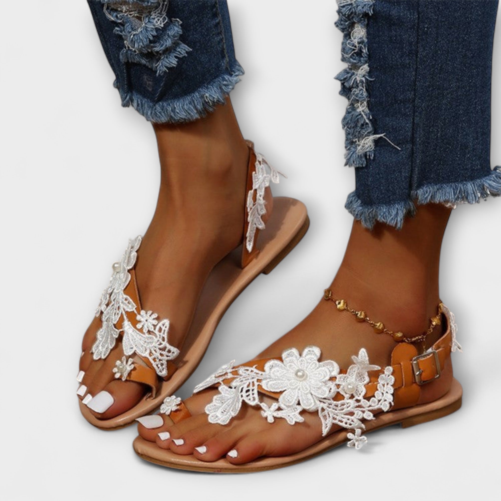 Boho - Bekväma Sandaler med Blommor & Ankelrem